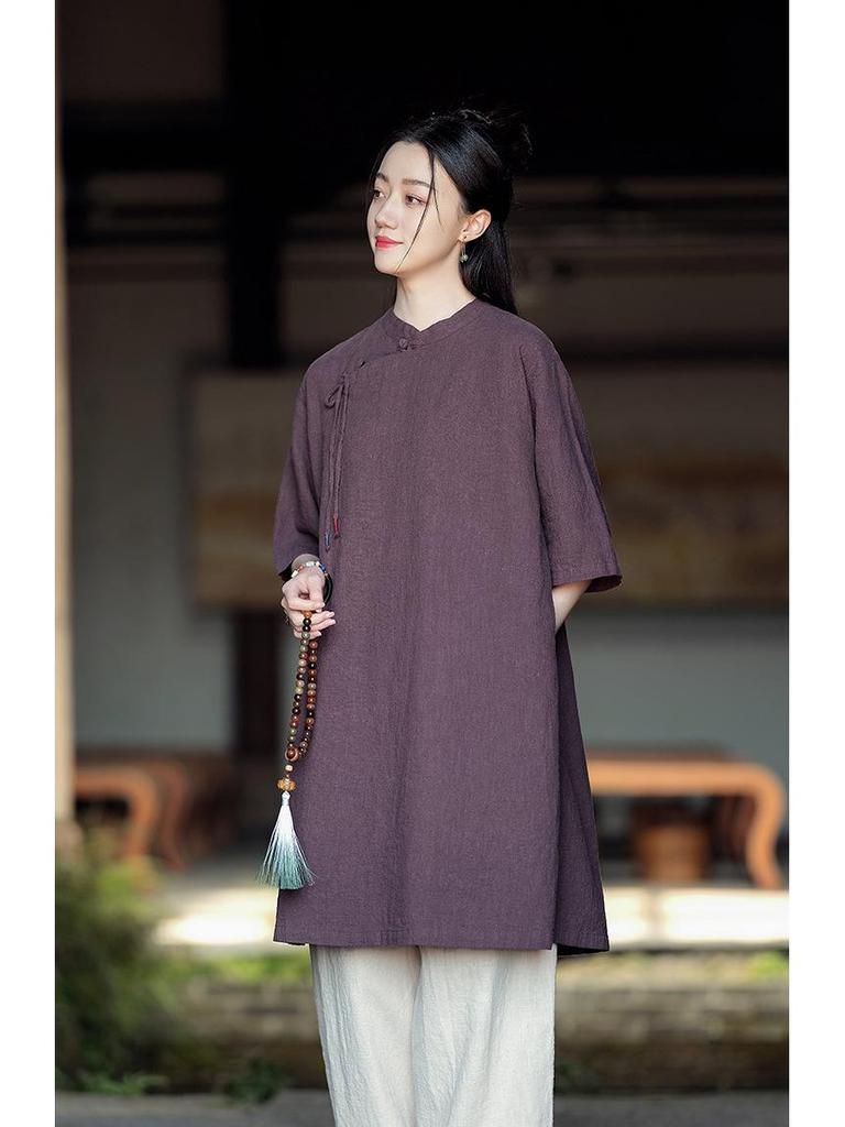 Women's Cotton Linen Stand Collar Cross-Lapel Tie-Up Zen Loose Spring Dress