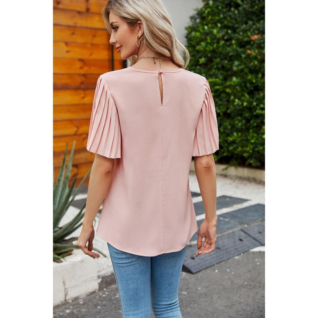 Flounce Sleeve Round Neck Top Ice Crinkle Fabric Women's Summer Fashion New Arrival for Crossborder America Europe