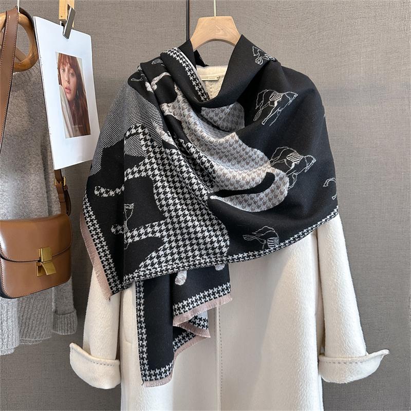 Women Winter Scarf Cashmere Pashmina Shawls and Wraps Bufandas Horse Print Warm Thick Scarves Blanket for Lady  Luxury