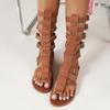 New Roman Sandals Women Summer Outside Round Toe Open Toe Cutout Metal Belt Buckle Back Zipper Tall Boots