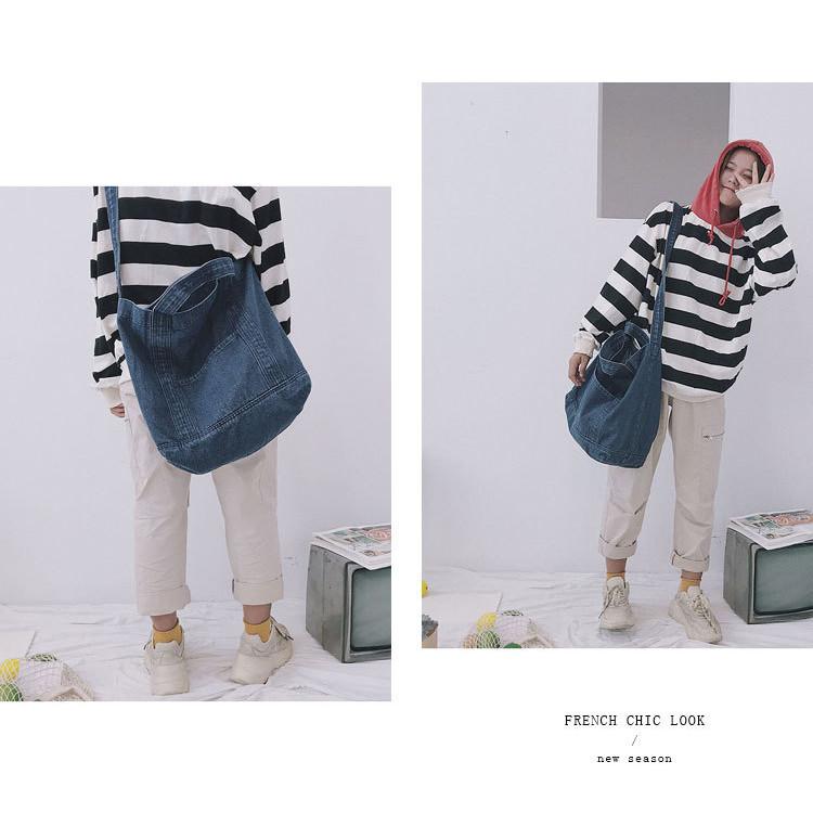 IELGY Denim Bag Large-Capacity One-Shoulder Messenger Korean Version Trendy All-Match Handbag