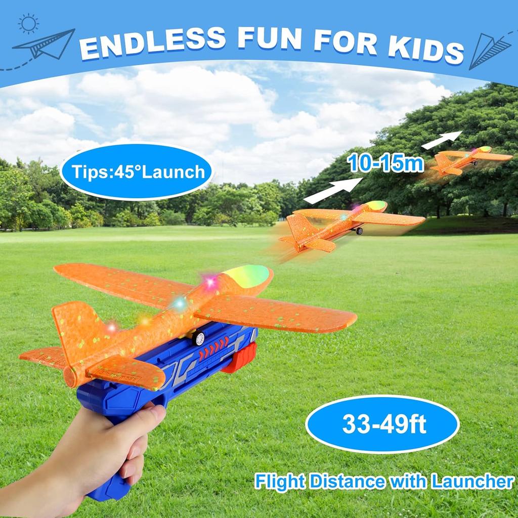 3 Pack Airplane Launcher Toys, 13.2'' LED Foam Glider Catapult Plane Toy for Boys, 2 Flight Modes Outdoor Flying Toy