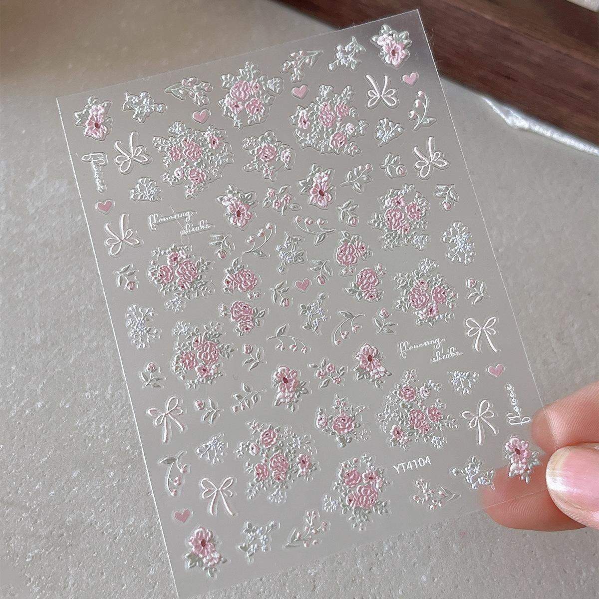 

BEPAN 3D Relief Pink Flower Nail Stickers Shiny Laser 3D Bow Nail Decals Adhesive Pink Heart Butterfly