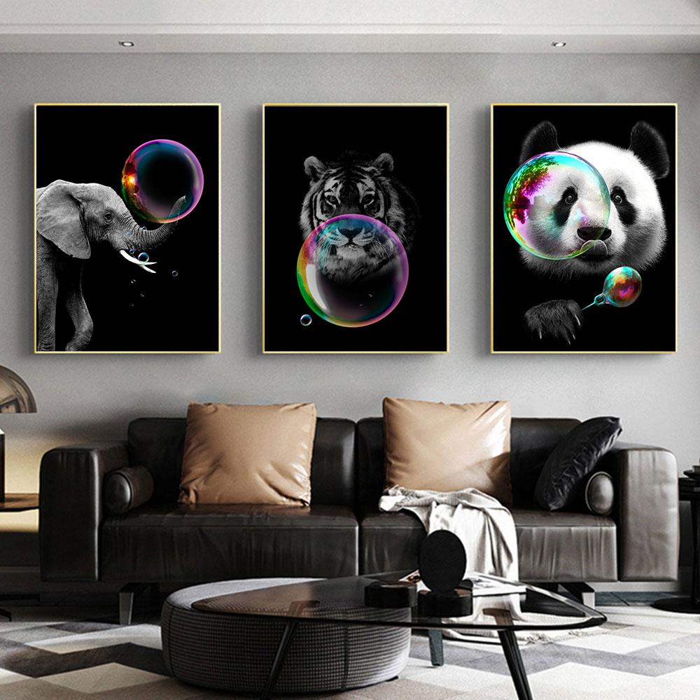 Picturi pe pânză cu bule de animale, panda, pisică, leu, tigru, elefant, girafă, imprimeuri, imagine de perete pentru sufragerie, decor acasă