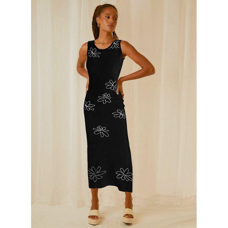Summer New Round Neck Sling Long Dress Women Beautiful European and American Sexy High Waist Side Slit Knitted Dress