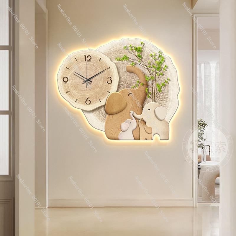 Elephant Wall Clock with Decorative Wabi-sabi Style,Unique Entrance Painting,Creative and Artistic Corridor Hanging Clock