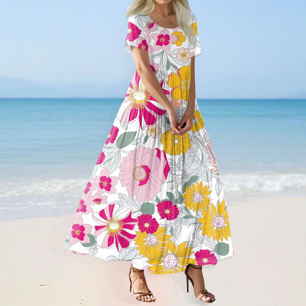 Damen Sommer Casual Blumendruck Kurzarm O-Ausschnitt Hohe Taille A-Linie Stufen Fließendes Boho Maxikleid