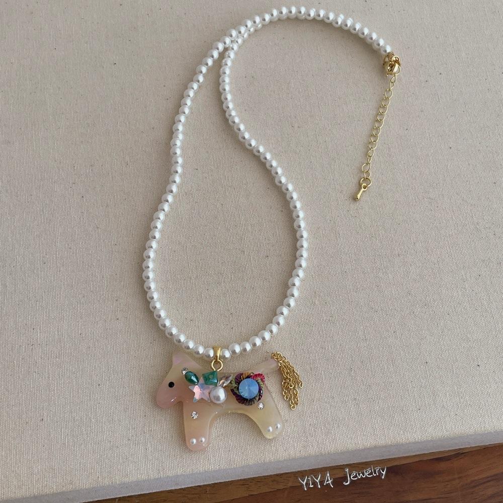 Cute Candy Color Acrylic Cartoon Horse Rhinestones Simulated Pearl Pendant Necklaces for Women Strand Sweater Chain Choker