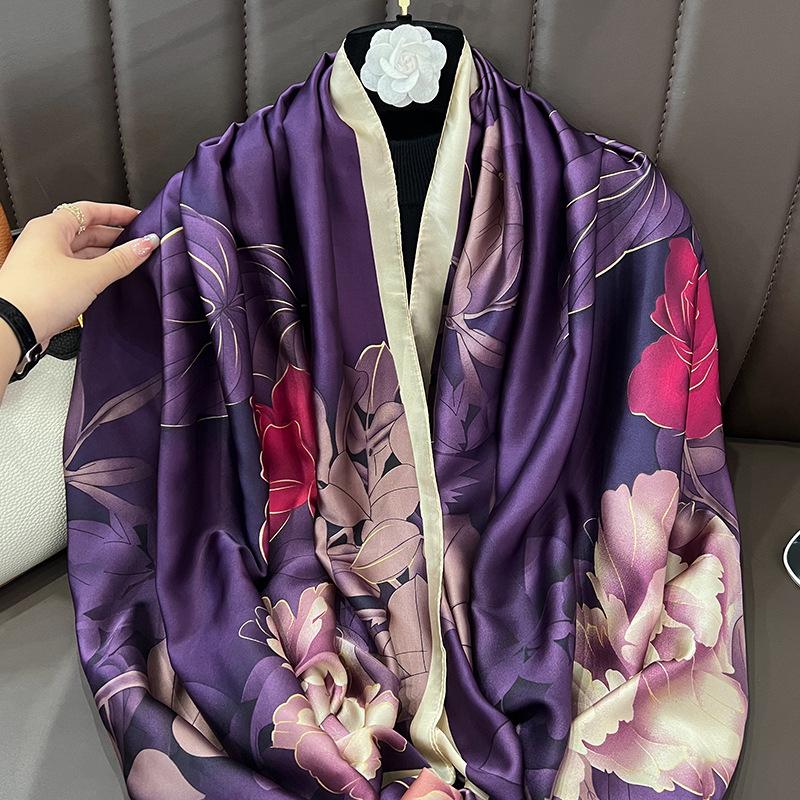 Autumn and Winter New Beautiful Brocade Silk Silk Satin Simulation Silk Foreign Silk Scarf High Fashion Versatile Sunscreen Shawl Scarf