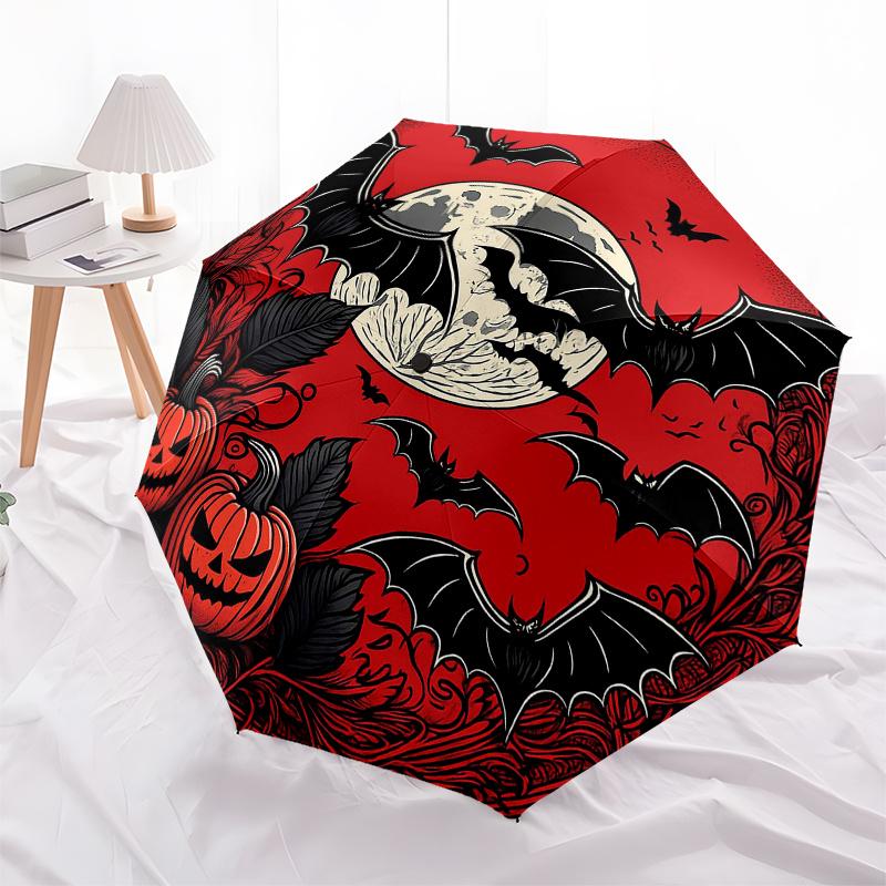 Halloween Mondlicht Nacht Fledermaus Kürbis Dekorativer AufkleberRegenschirm, Tragbarer 3-fach Regenschirm für Damen & Herren, Weihnachtsgeschenk ES326