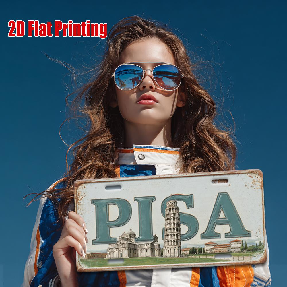 2D Flat Printing, Vintage Metal Sign, for Decorationg Only, Outdoor Wall Art, Pisa Italy Leaning Tower Retro Aluminum Sign