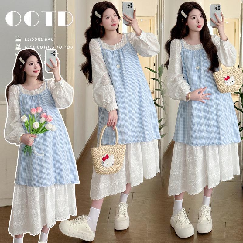 2026 Korean-Style Spring Maternity Dress with Lace Patchwork - French, Sweet, and Elegant Two-Piece Look Large