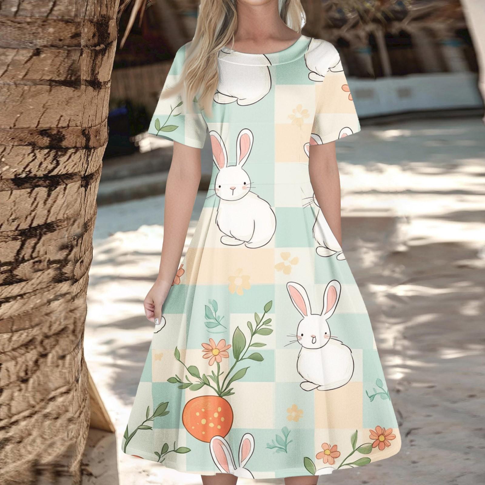 

Женское повседневное модное платье с пасхальным принтом, круглое платье с коротким рукавом и талией, средней длины (с молнией) XL тёмно-синий