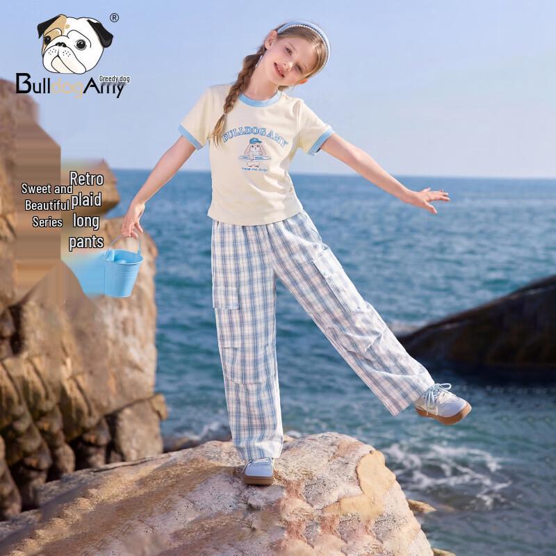 CHANZUIGOU Girls  Cloud Sky Blue Plaid Cargo Pants 130 cm