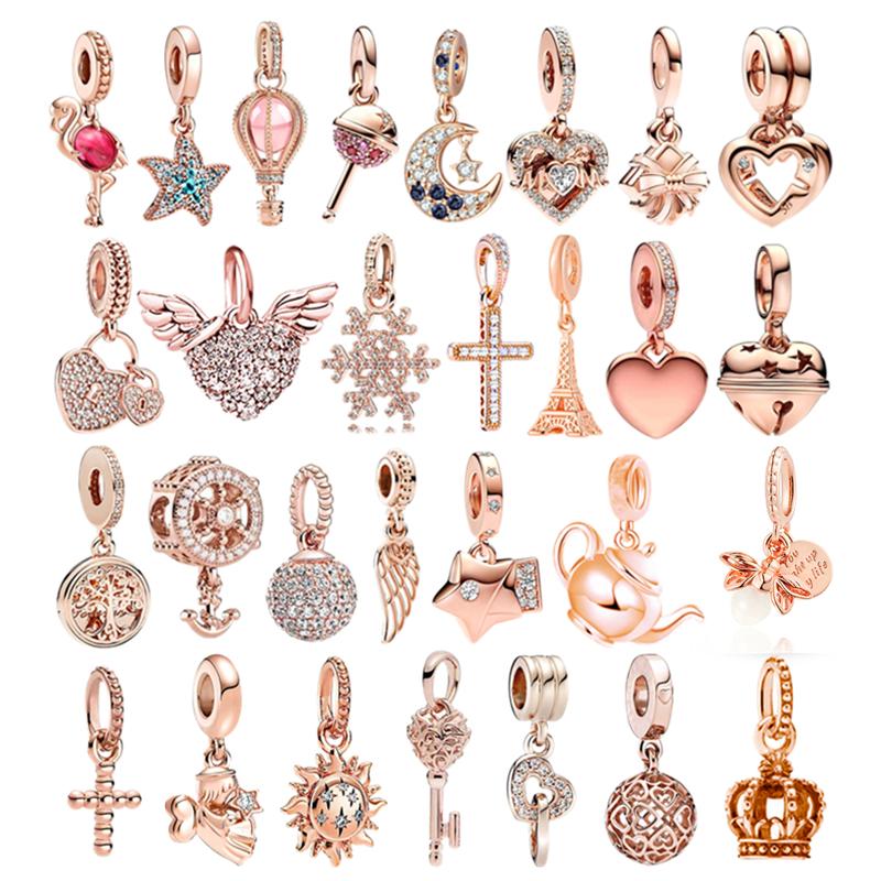 Rose gold plated Exquisite Bead Sparkling Pink Hot Air Balloon Dangle Charm for Women fit European Original Bracelet DIY Jewelry