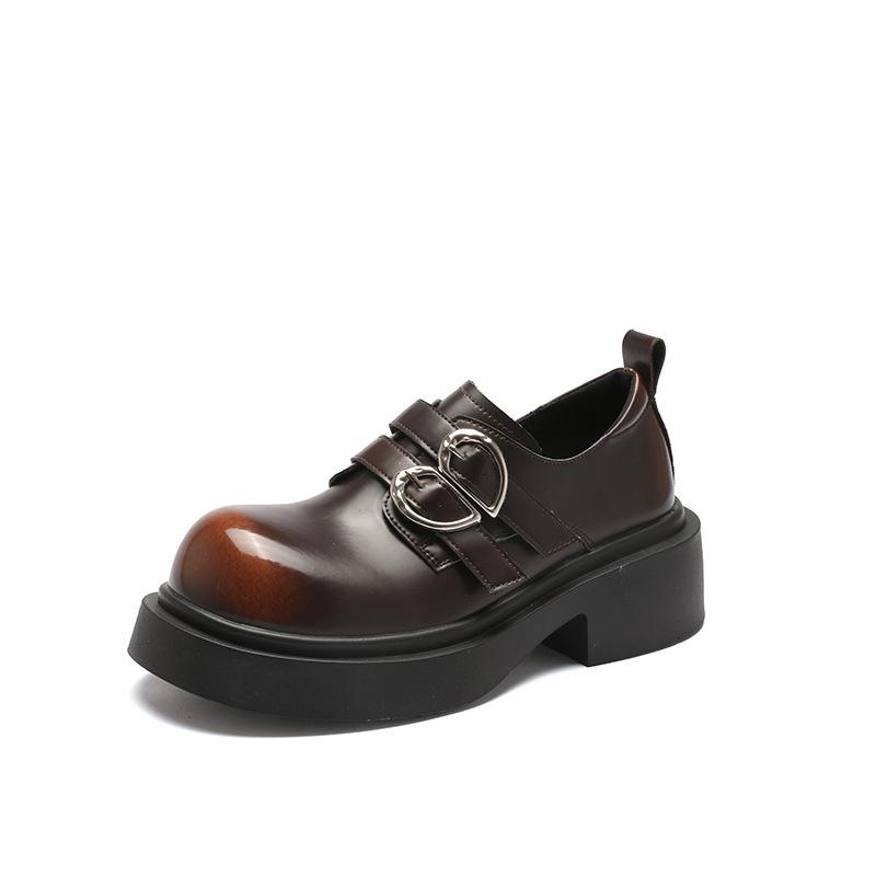 Genuine Leather Platform Leather Shoes Women's Shoes Early Spring New All-Match Double Buckle Loafers Mary Jane Shoes Pumps