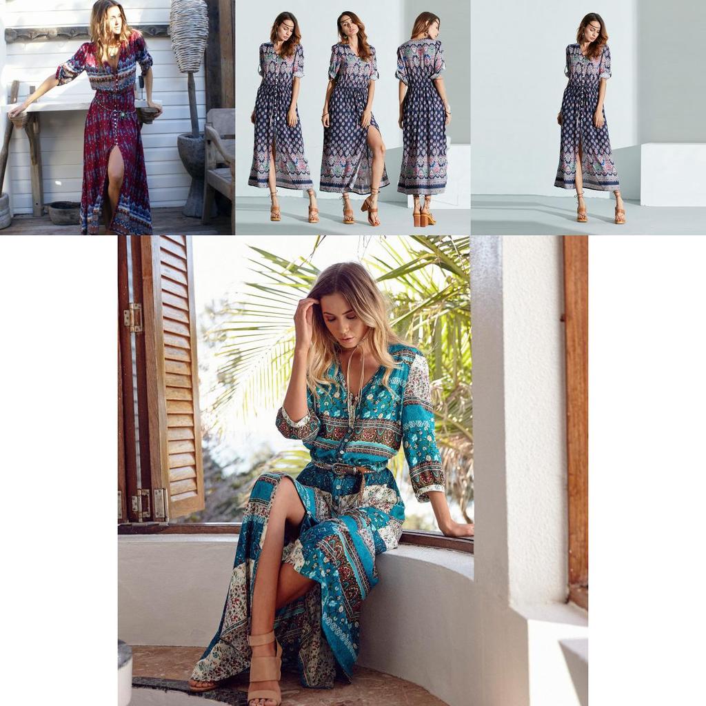 Elegant Women Boho V Neck Long Maxi Dress With 3/4 Sleeve For Party And Evening Events