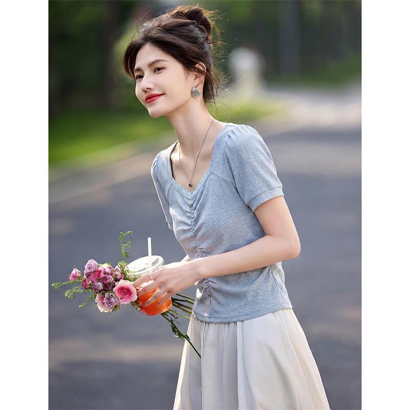 Xinfuyu Women s Summer Slim Fit Knitted T-Shirt L синий