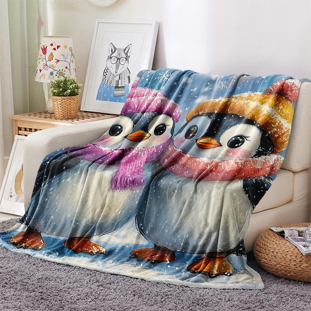 Penguin Print Flannel Blanket, High Quality Comfortable for All Seasons, Home Decor, Warmth and Comfort, Perfect for Christmas Gifts