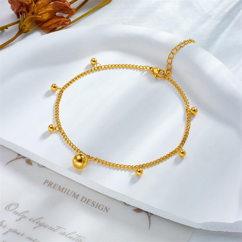 Gold Double Layer Ball Charm Anklet, Dainty Beaded Cable Chain Ankle Bracelet, Adjustable Summer Jewelry for Women Daily Wear Gift