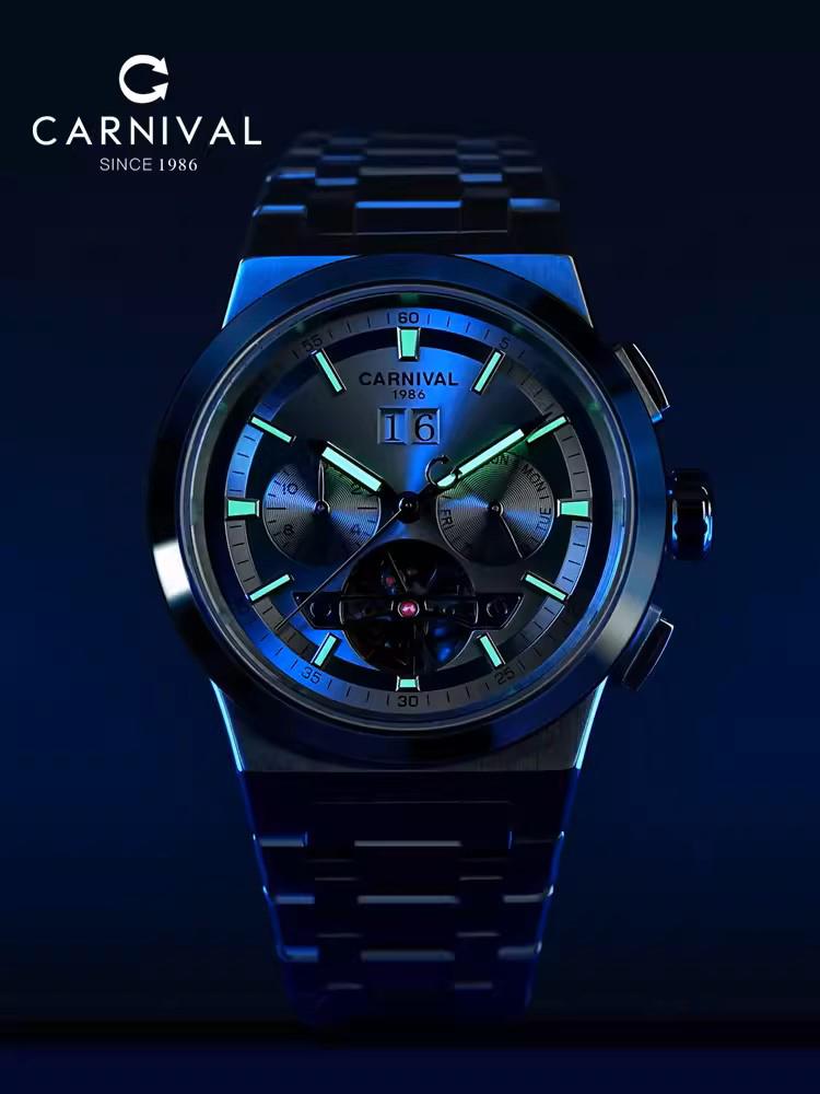 CARNIVAL Multi Layer Tourbillon Sport Watch Men Waterproof Date Luminous Automatic Mechanical Watches Clock New Reloj Hombre