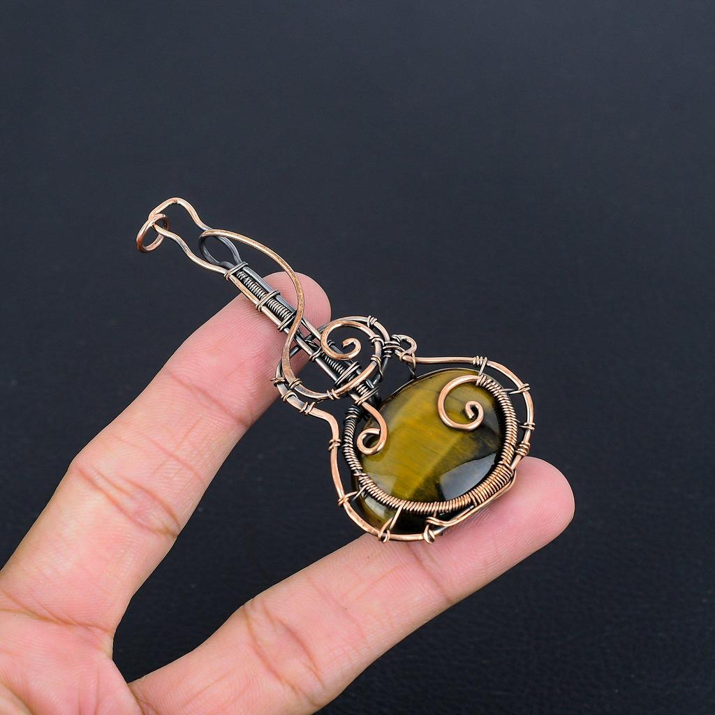 Tiger's Eye 999 Copper Wire Wrapped Pendant, Handmade Gemstone Pendant, Gift For Mom Antique Jewelry