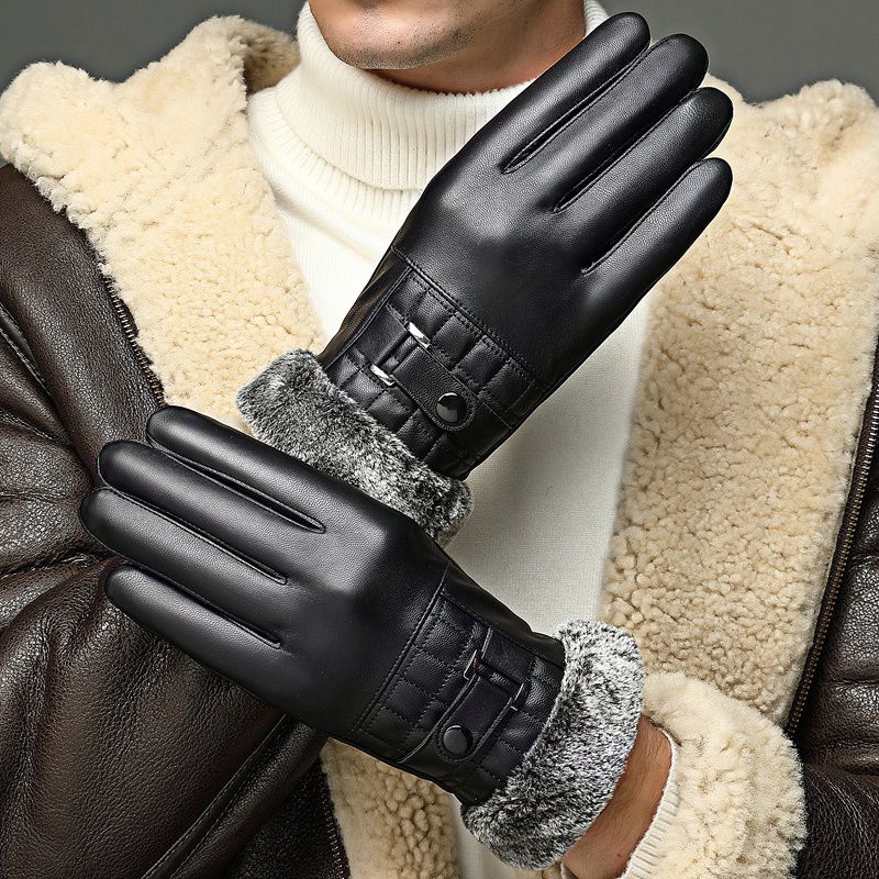 Leather Gloves Men Waterproof Touch Screen Autumn and Winter Washed Leather PU Leather Velvet Warm Driving Cycling Motorcycle