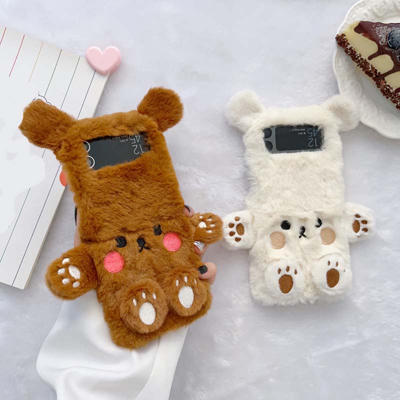 Cartoon Cute Bear Design Autumn and Winter Long Plush TPU Mobile Phone Fold Cover Case for Samsung Galaxy Z Flip 3 4 5 6