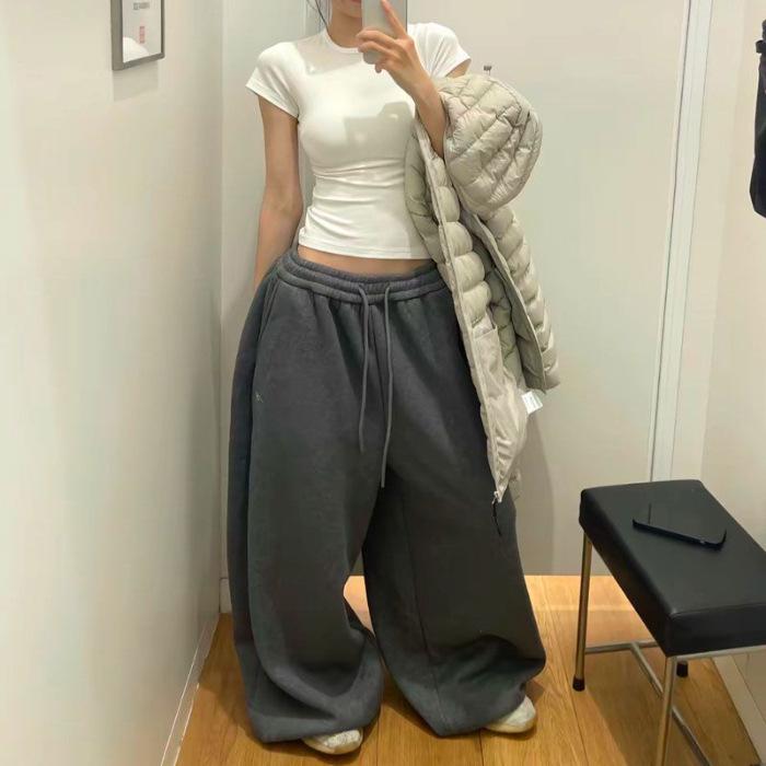 

Wangdins Retro Wide-Leg Velvet Sweatpants - Casual, Floor-Length, Autumn/Winter Style L