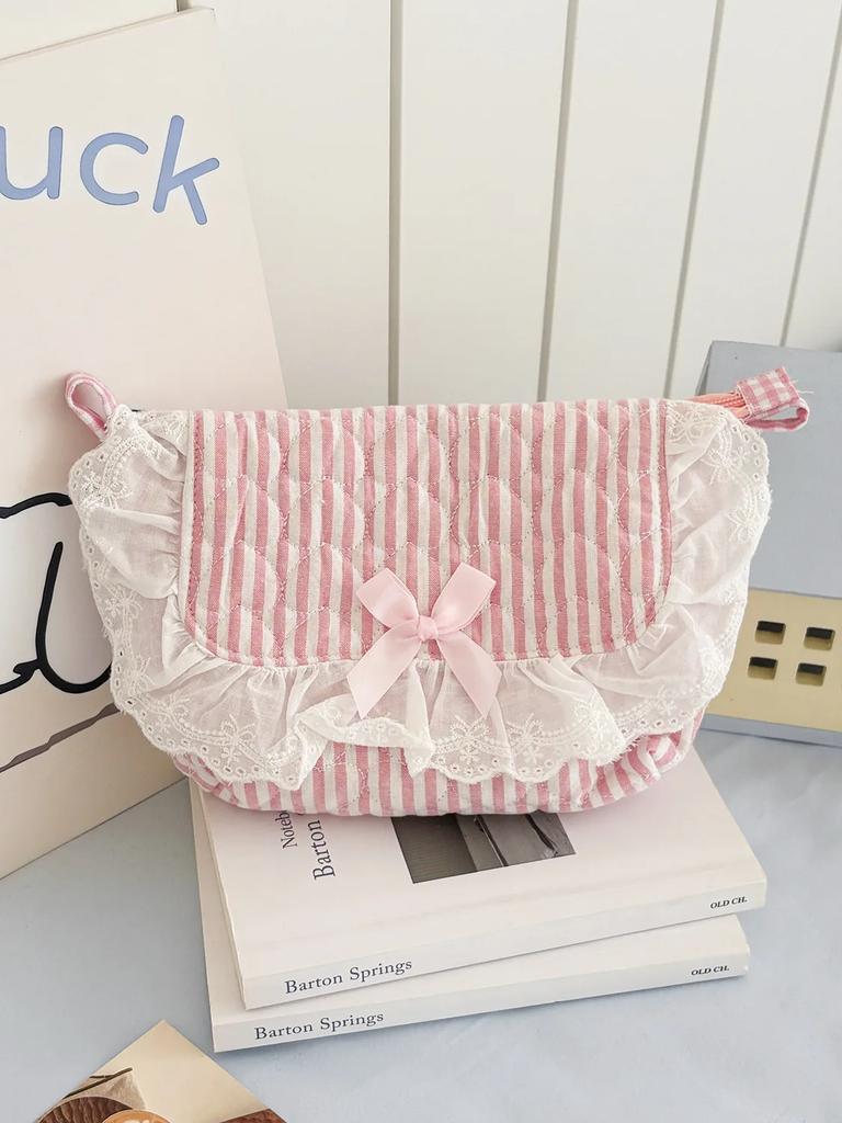 Cute Girls Quilted Cotton Crossbody Bag Outdoor Portable Student Ladies Storage Handbags Bow Lace Plaid Women Shoulder Bags