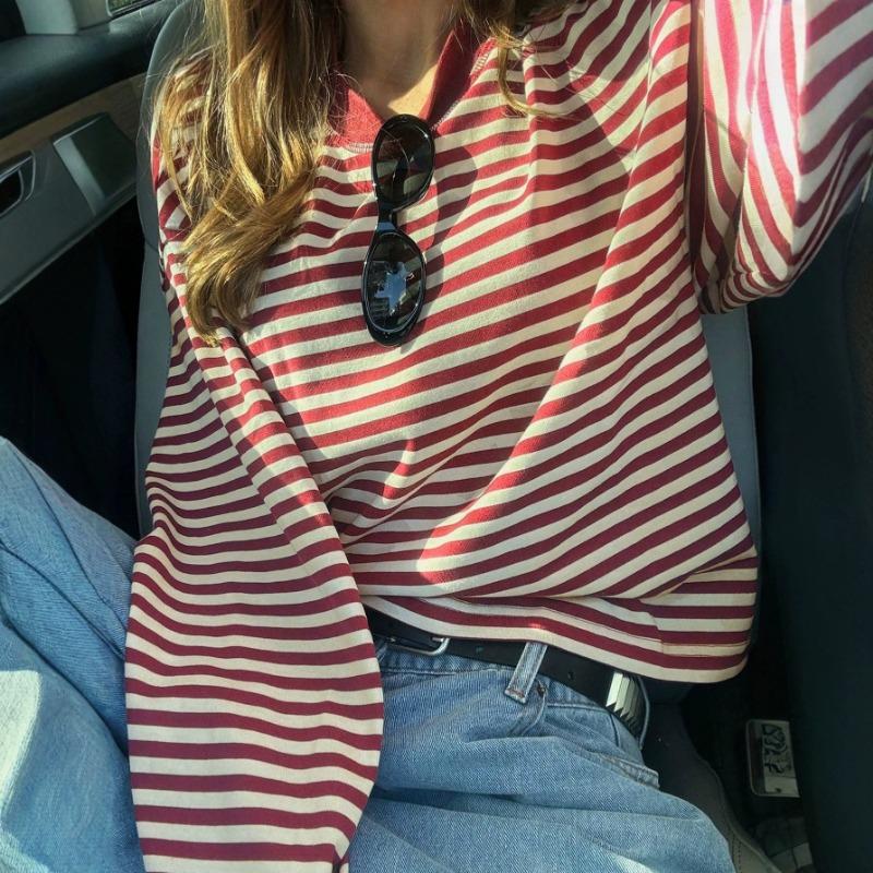 Loose Casual Retro Color Contrast Striped Long Sleeve T Shirt Top