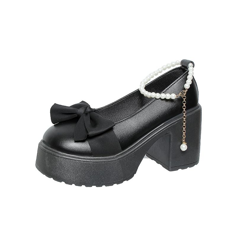 2024 Fashion Shoes for Women One Kick Women's Pumps Autumn Mary Jane Round Toe Bow Tie Solid Platform Chunky Heels Shallow Shoes