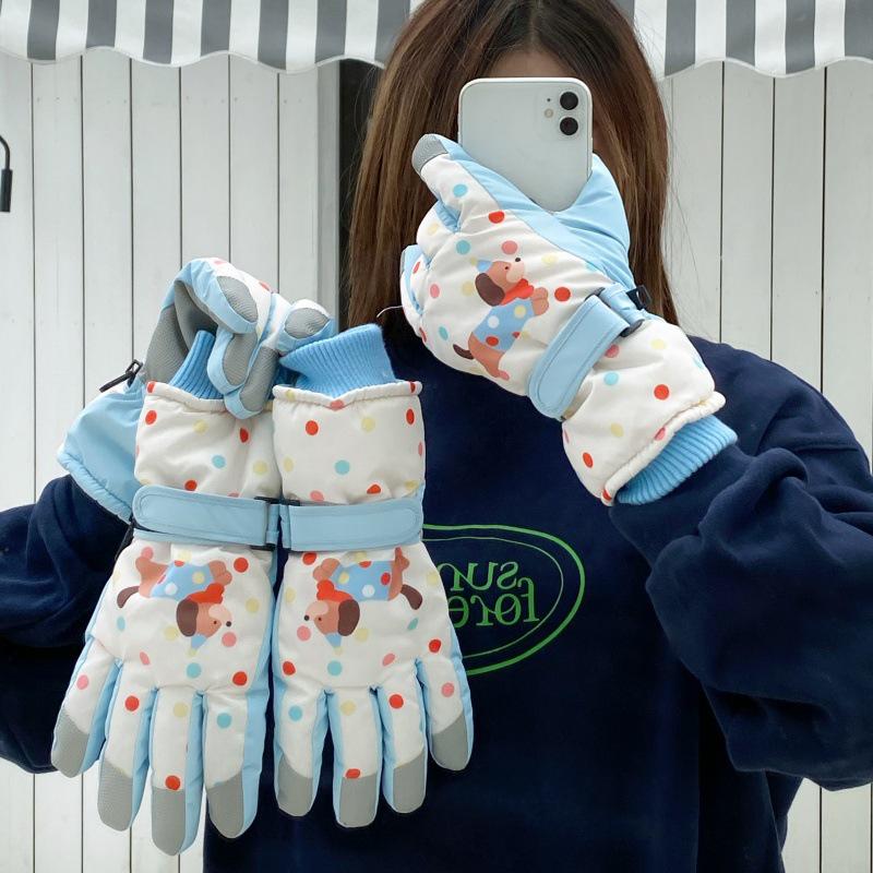 Kadın Kış Karikatür Köpekçik Kayak Eldivenleri: Dokunmatik Ekranlı, Rüzgar Geçirmez, Kadife Astarlı, Dış Mekan Sürüşü İçin Parmak Ayrık