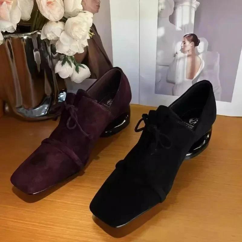 Suede Square Toe Mid Heels Shoes Women Desigenr Chunky Loafers Shoes Trend Fashion Elegant Pumps Dress New Mujer De Zapatillas