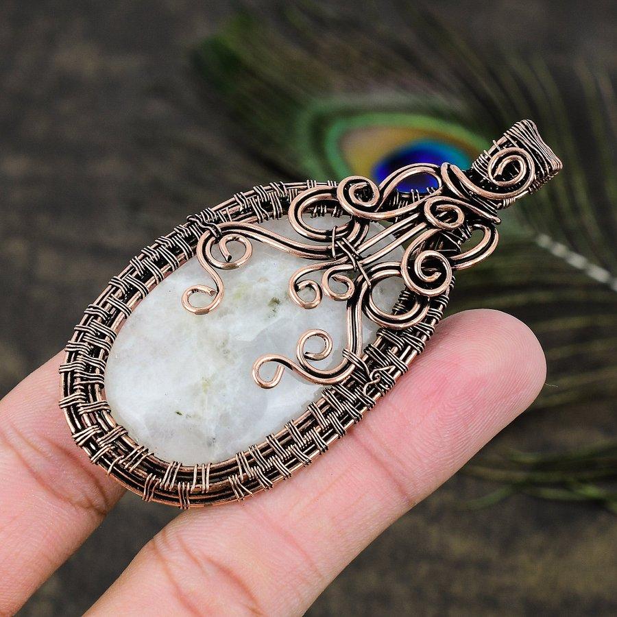 Rainbow Moonstone Gemstone Copper Wire Wrap Jewelry Pendant 3.07