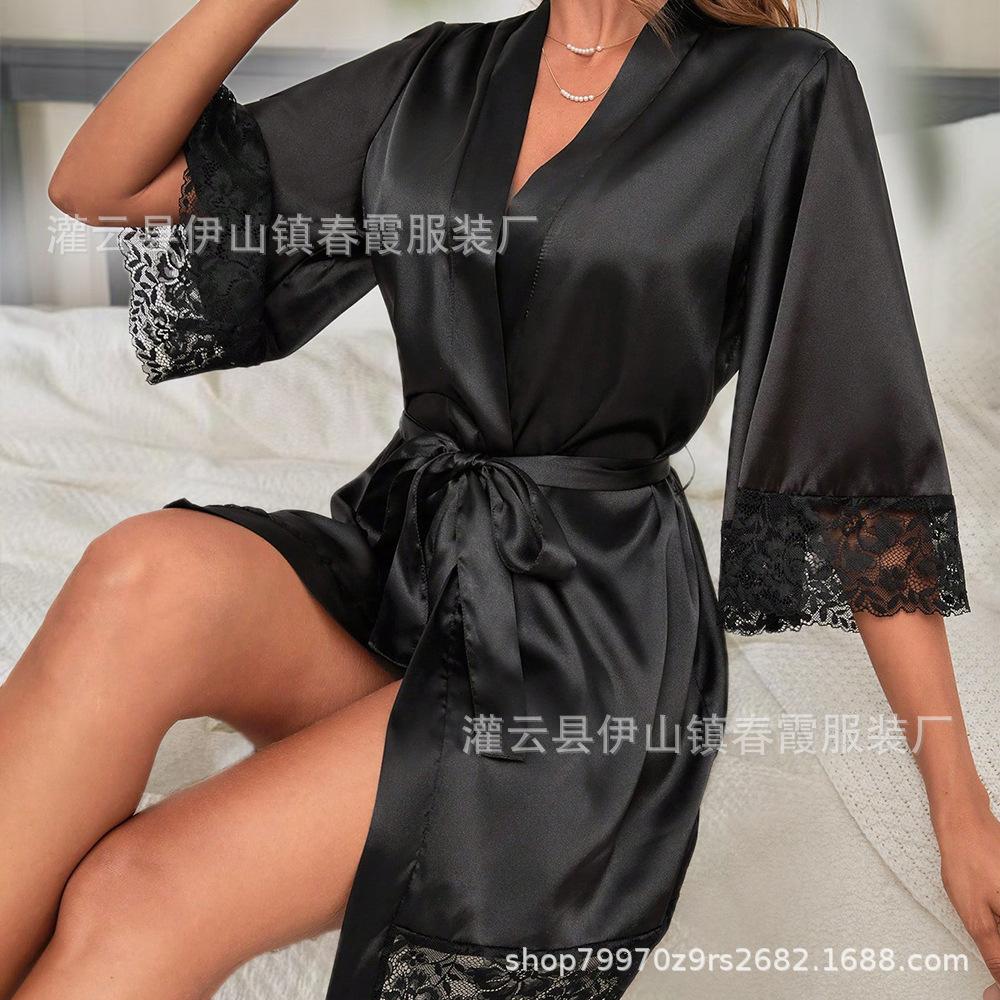 

Весільний халат, довгий халат, ранковий халат, довга мереживна піжама з рукавами середньої довжини, домашня повсякденна нічна сорочка на шнурівці XL чорний