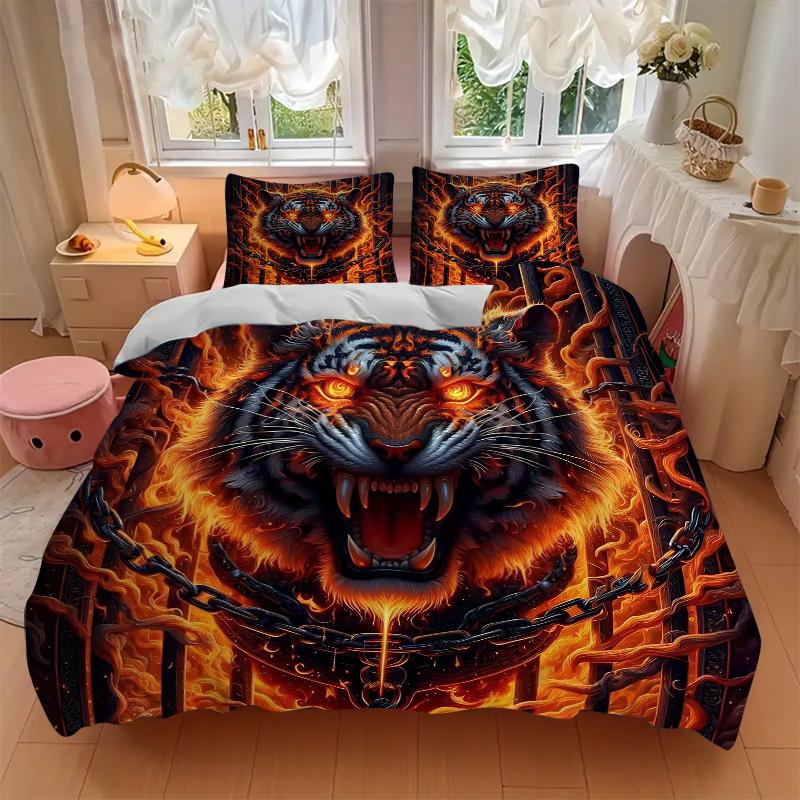 3-teiliges Steppdecken-Set mit flammendem Tiger-Design, Cartoon-Thema, Bettdecken-Set, niedliches Charakter-Schlafzimmer-Dekor, Bettdecken-Set für vier Jahreszeiten (1 Bettbezug + 2 Kissenbezüge