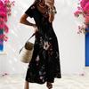 Women Plus Size V Neck Short Sleeve Floral Printed Navy Blue Long Straight Dress