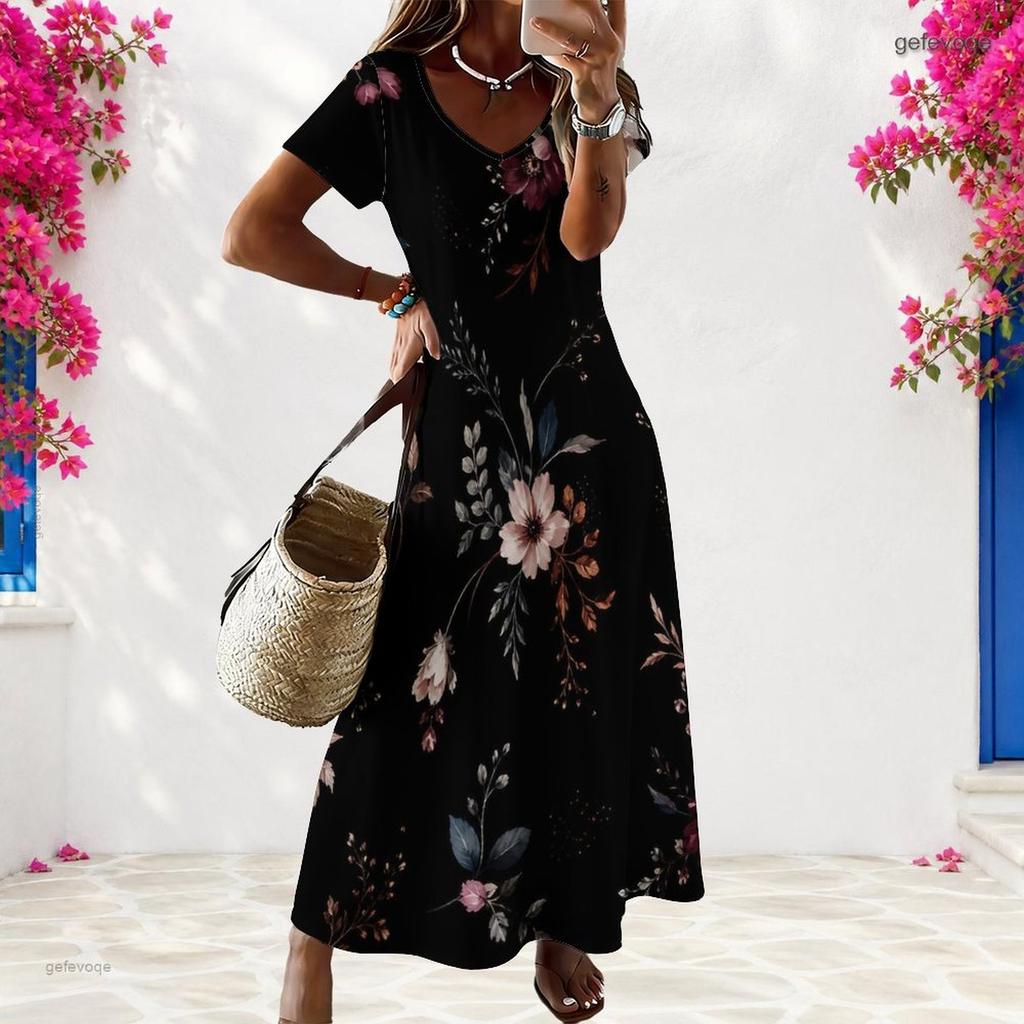 Women Plus Size V Neck Short Sleeve Floral Printed Navy Blue Long Straight Dress