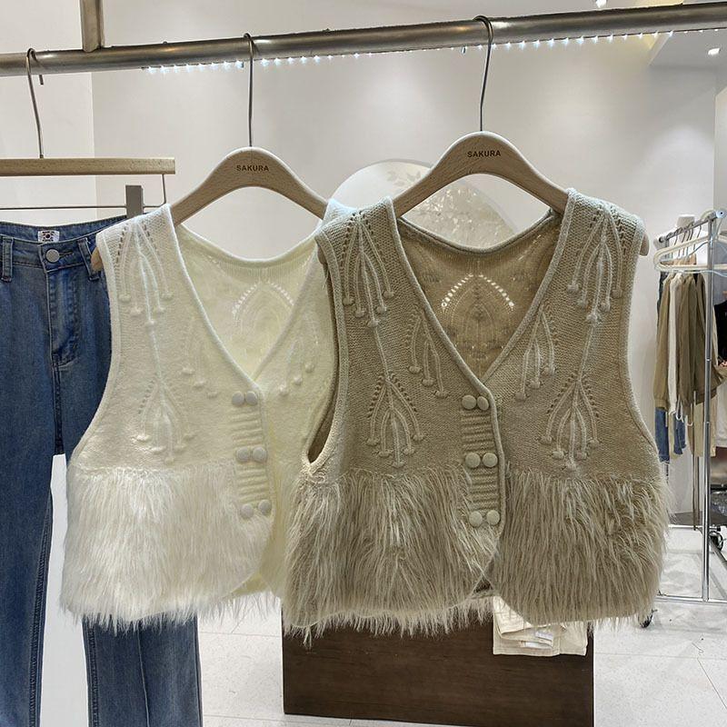 Gilet corto lavorato a maglia con scollo a V in pelliccia di nappa da donna Autunno e inverno Edizione coreana sovrapposta indossando giacca da cavallo cardigan gilet femminile