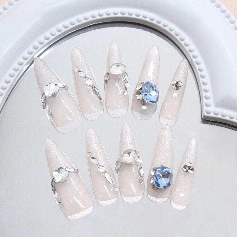 30pcs Long Almond Stiletto False Nails Shimmering Moonlight Cat Eye Rhinestone Fake Nails French Detachable French Nail Tips DIY
