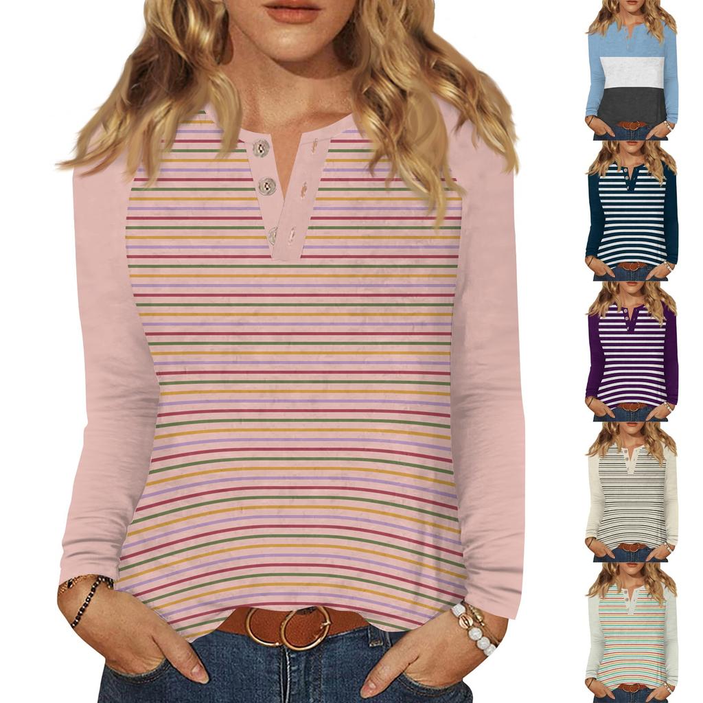 Dámské tričko s potiskem, knoflíky, dlouhý rukáv, denní, víkendová móda, základní, výstřih do V, běžný top