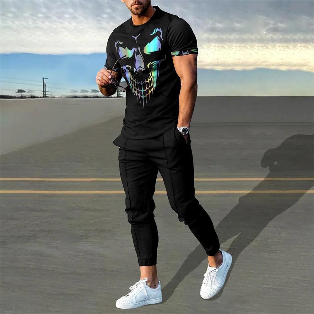 Men Summer T Shirt Pants 2 Piece Sets Print T-shirts Trousers Sportswear Suits Fashion Sweatpants Tracksuits Outfits Men Clothes