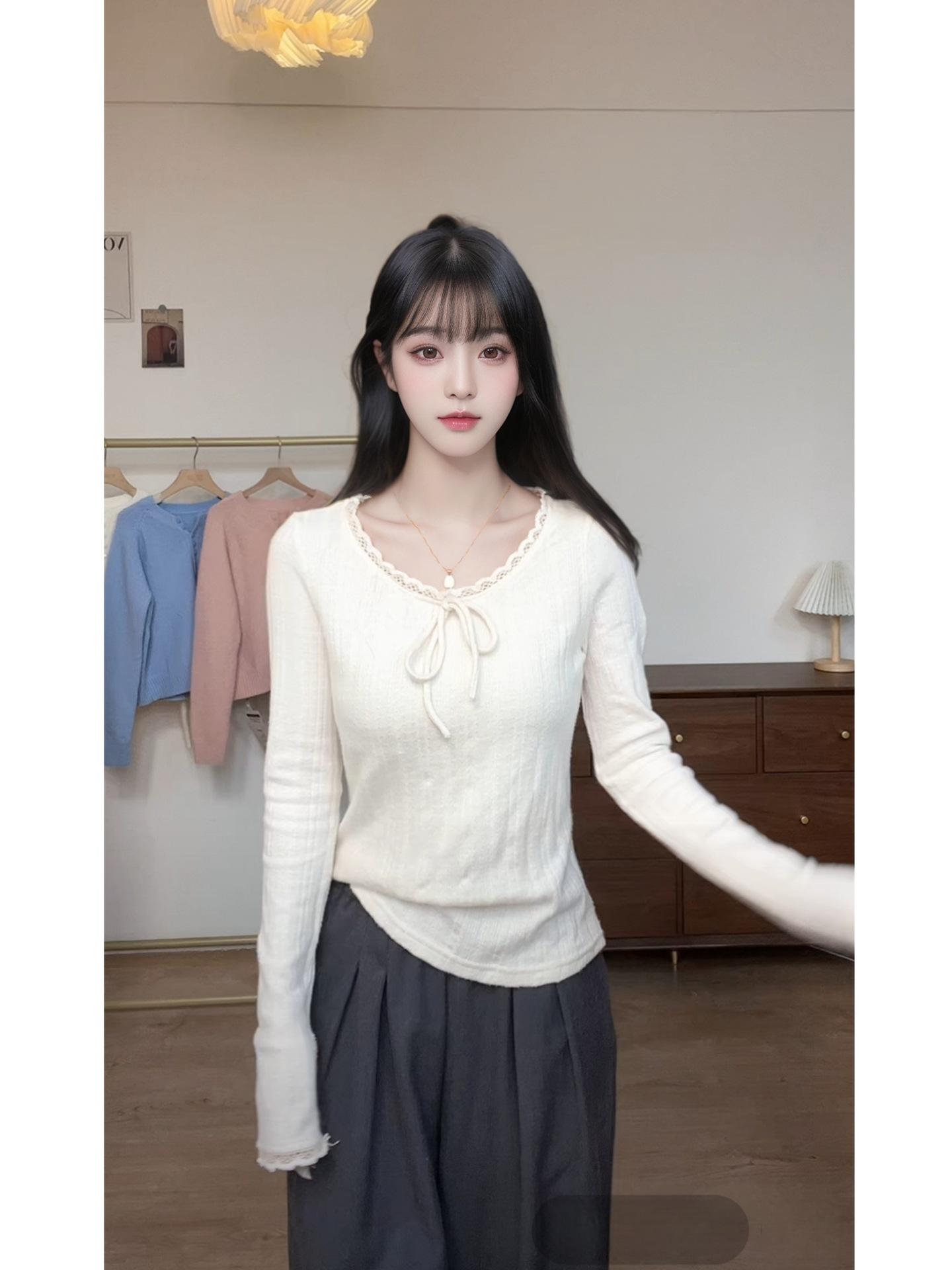 

Кружевная облегающая футболка с длинными рукавами в стиле bm, женский весенний топ с кружевной шнуровкой и бантом, полосатая майка-основа для ношения под одеждой XL абрикосовый