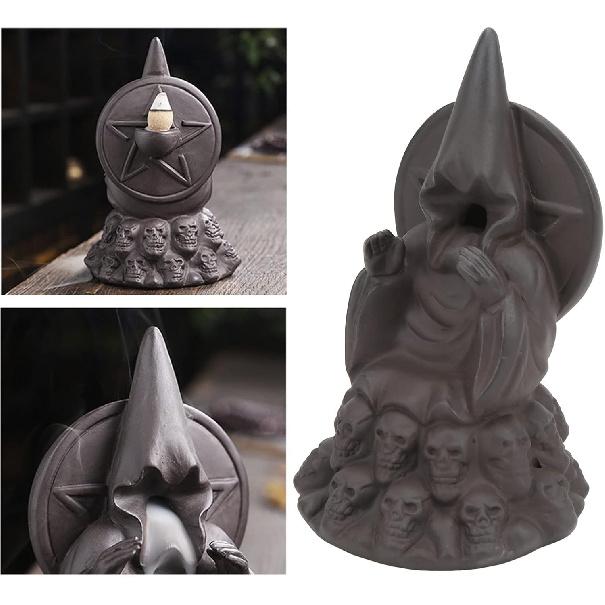 Skull Backflow Incense Holder, Ceramic Faceless Mage Waterfall Incense Burner, Cone Incense Holder for Halloween Decorative Yoga Home Aromatherapy
