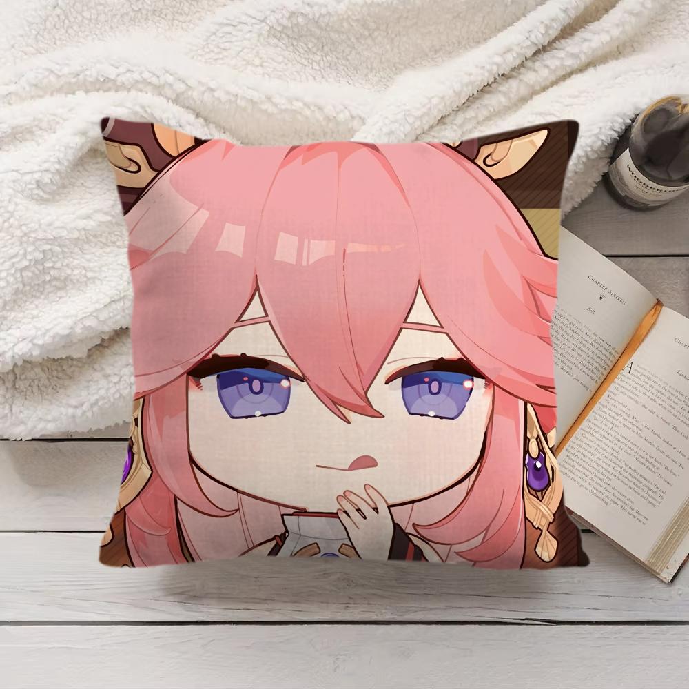 Yae Miko Cute Genshin Impact Cushion Cover Silky Short Plush Invisible Zipper Dustproof Sofa Pillow Case For Home Decor