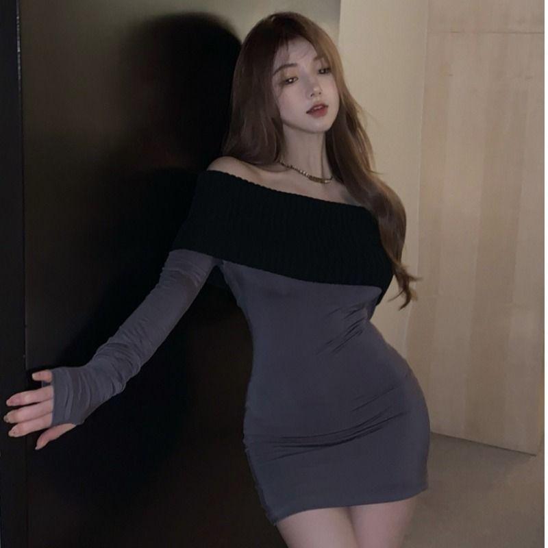 Sexy Spicy Girl Off-shoulder Long-sleeve Dress, New Spring Slimming Slimming Niche Hip-hugging Short Skirt