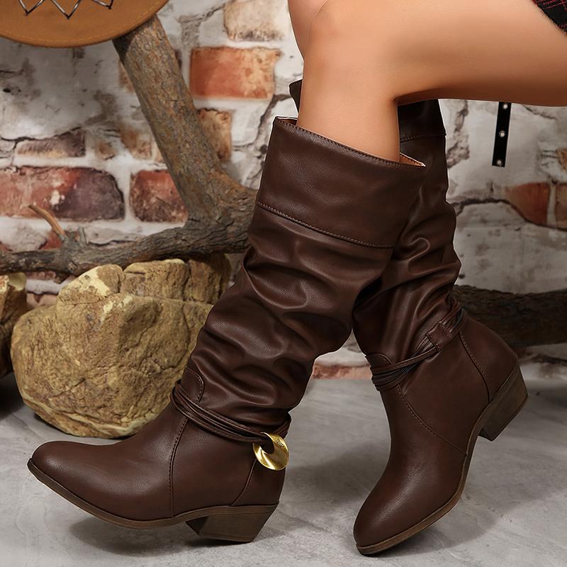 Fashion Metal Decor Block Heel Knee High Boots Women Retro Pleated PU Leather Western Boots Woman Autumn Winter Slip On Wide Leg Botas