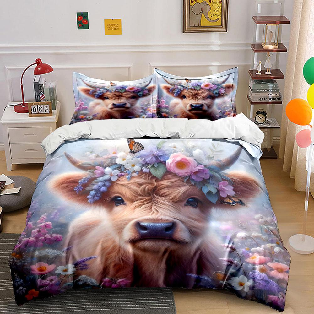 Cute Cow with Flower Crown Bedding Duvet Cover Set (1*Duvet Cover 2*Pillowcases, Without Duvet Insert)