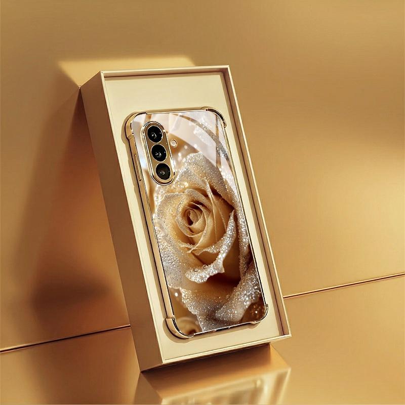 Golden Rose Pattern Glass Phone Case Suitable for Samsung Galaxy S26 S25 S24 S23 S22 S20FE/Ultra/Plus Four Corner Anti Drop Case
